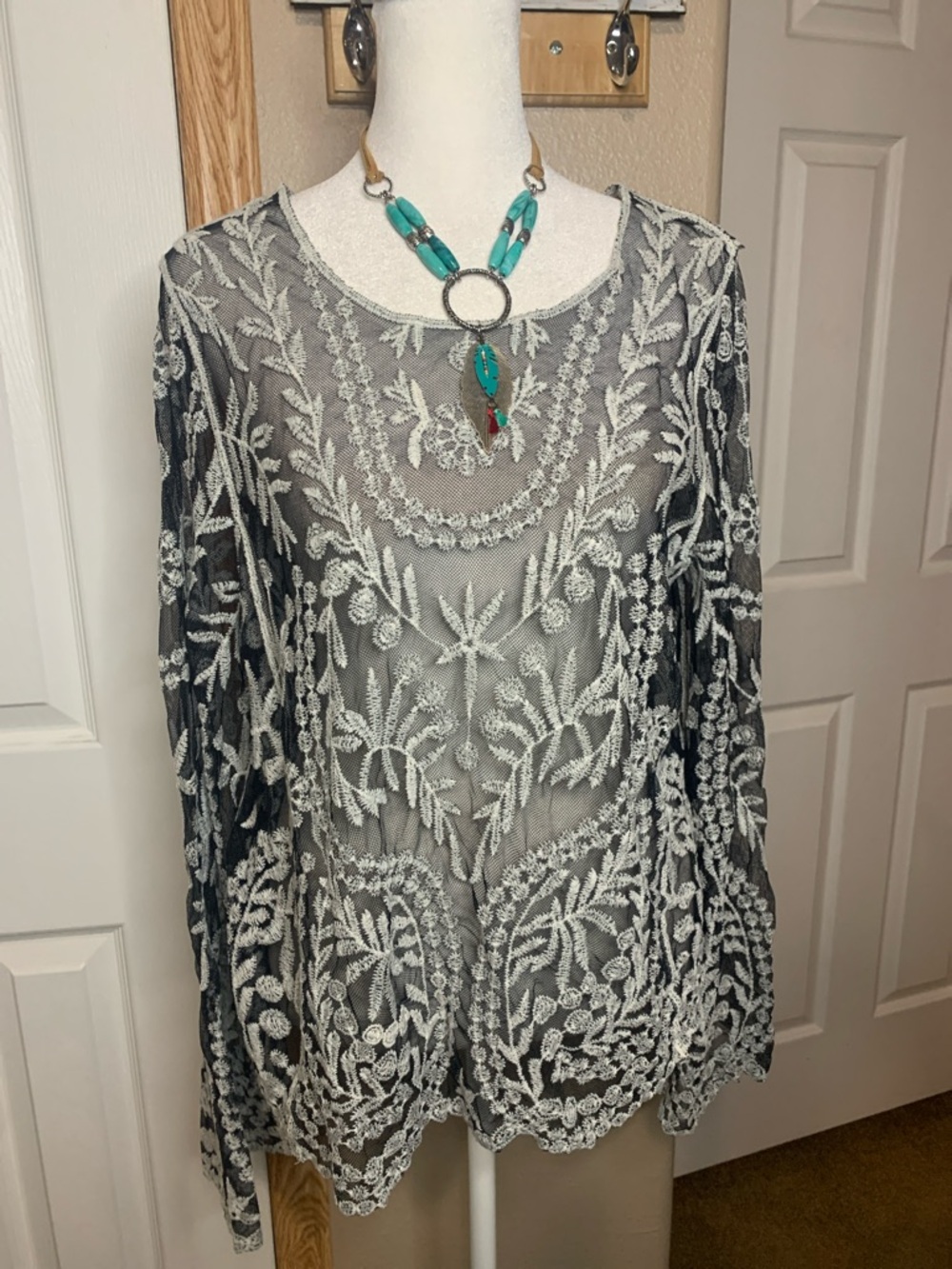 BOHO Sheer Black Blouse with White Floral Embroidery Scoop Neck Scallop Hems - Picture 3 of 7
